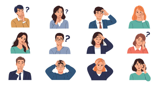 Grid of diverse people displaying confused or thoughtful expressions with floating question marks while touching their heads or faces in doubt.