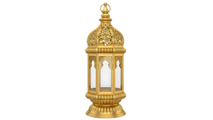 Golden ornate lantern with glass panels on transparent background