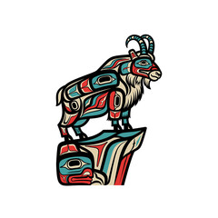 Fototapeta premium Mountain goat illustration in a Northwest Coast art style, standing atop a stylized rock formation.