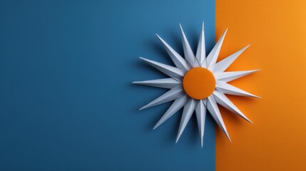 A vibrant, artistic representation featuring a starburst design in white and orange against a blue background.