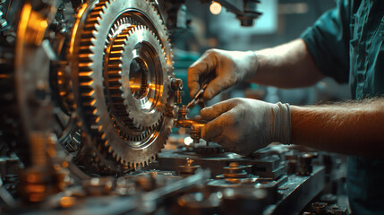 Close-Up of Skilled Hands Working on Mechanical Gear Assembly