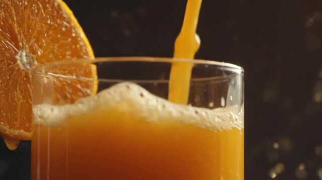 A refreshing, vibrant orange beverage cascades into a clear glass, creating dynamic splashes and effervescent bubbles. A perfectly sliced citrus fruit garnishes the rim, adding a touch of natural appe