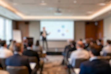 Fototapeta premium Seminar conference blurred background with audience and speaker presentation or blurry townhall meeting