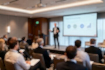 Obraz premium Audience watching a presentation on stage in a conference hall blurry background.