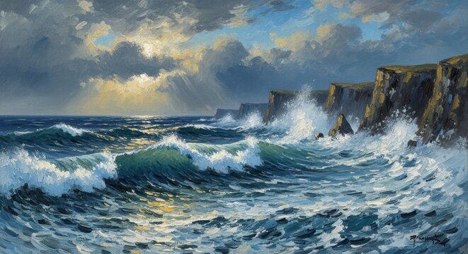 Ocean Fury and Cliffside Drama: Capturing the raw power of the ocean as it crashes against the dramatic cliffs, creating a scene of nature's relentless energy.