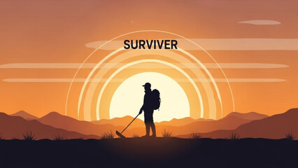 Silhouette of a lone survivor standing with a metal detector at sunset with mountains in the background