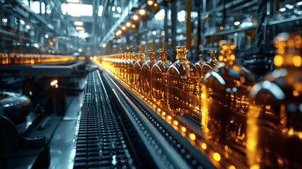 Bottles on Conveyor Belt in Modern Factory with Industrial Background