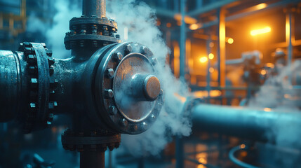 Industrial Pipe with Valve and Steam in Factory Environment