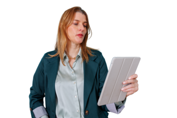 Businesswoman using digital tablet for remote work, researching data, and connecting to online resources on transparent background