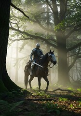 Armored warrior sits astride dark steed amidst sunlit, misty forest