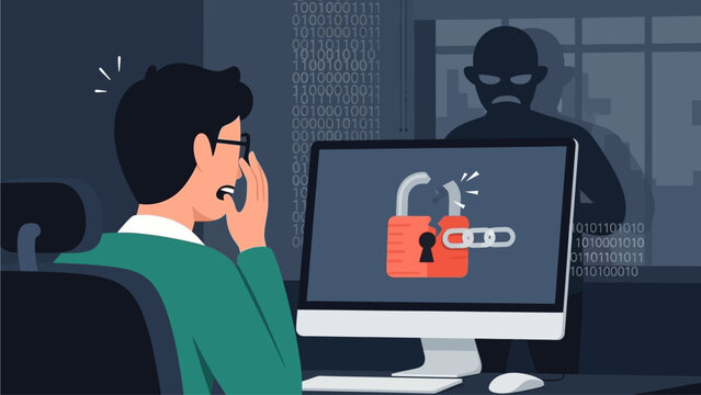 This flat design illustration portrays an office worker concerned about data security, with visual elements indicating a cyber threat or breach