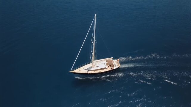Aerial view of a sleek sailboat cruising across deep blue ocean water on a sunny day.