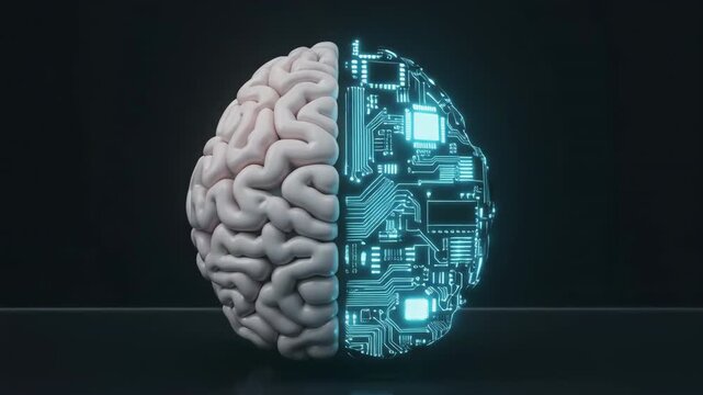 Artificial intelligence brain and circuit fusion visualization showing digital cognition and machine learning concept with glowing neural and electronic structures in motion