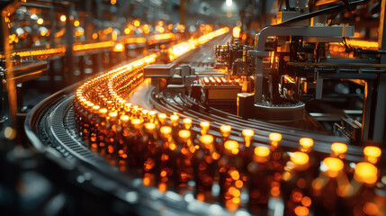 Automated Production Line with Bottles and Warm Lighting Effects