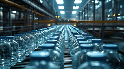 Conveyor Belt with Bottled Water in a Modern Production Facility
