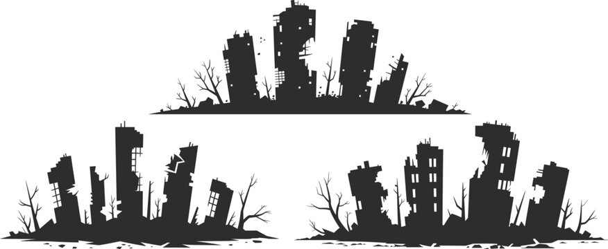 Destroyed City Skyline Silhouette Post Apocalypse Illustration.