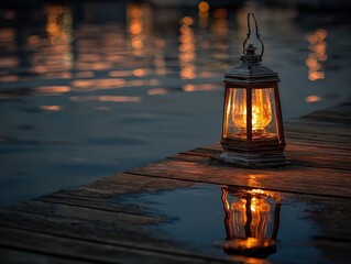 Glowing lantern on a wooden dock at dusk by calm water