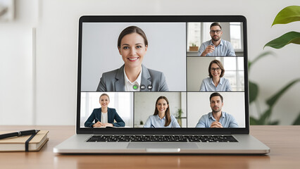 Business team collaborating remotely via video conference on laptop