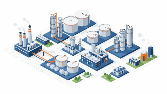 Industrial Factory Complex with Storage Tanks and Smokestacks.