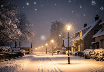 Glowing streetlamps illuminate a snow-covered village road during a winter night.