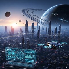 Futuristic Cityscape with Flying Vehicles and Advanced Technology Interface.