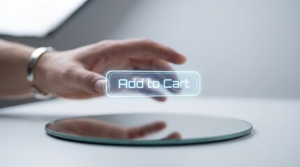 Hand interacting with holographic add to cart button