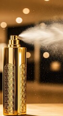 Luxurious golden atomizer releasing a fine mist in warm, ambient lighting
