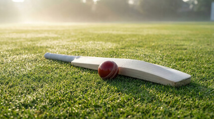 Cricket bat and red ball lying on lush green grass field with morning dew during sunrise for sports concept