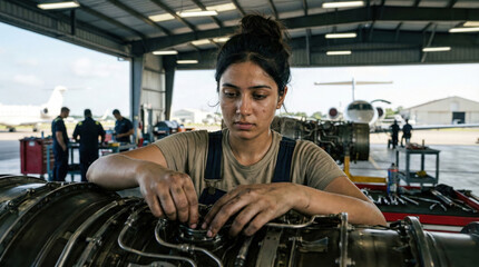 Determined Indian female aircraft engineer in overalls working on complex jet engine in large aviation hangar with natural lighting