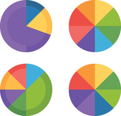 Obraz premium Four colorful flat style pie charts display various data segments on a clean white background