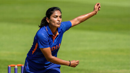 Determined Indian female cricket player in blue jersey bowling during match on sunny green field with copy space
