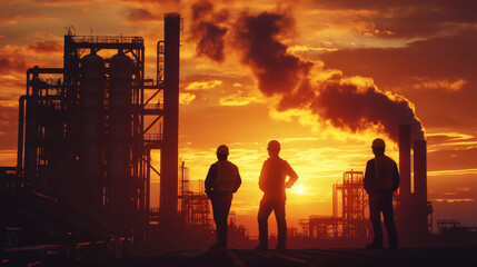 Workers Silhouetted Against Vibrant Sunset Over Industrial Landscape