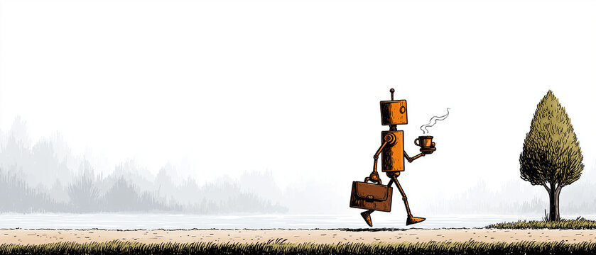 A Robotic Routine: A whimsical illustration of a robot navigating his morning routine, carrying a briefcase and a cup of steaming coffee, walking past a stylized tree in a serene, blurred landscape.