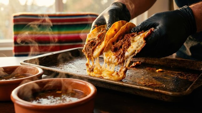 Chef holding cheesy birria tacos with cheese pull