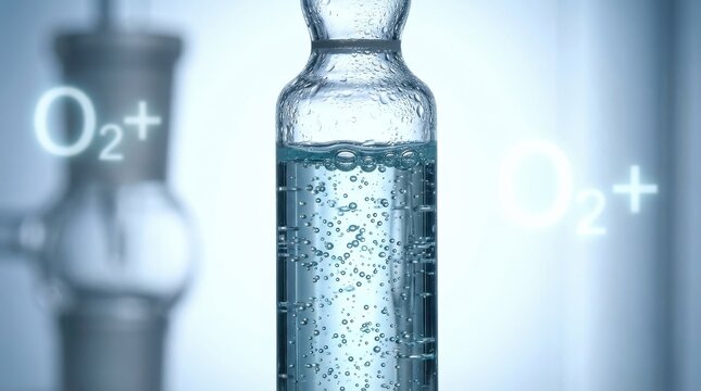 Glass laboratory vial with bubbling liquid and O2 plus symbol