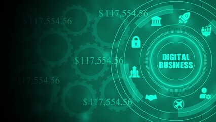 Obraz premium Digital business infographic with glowing green and dollar amounts on dark background gears