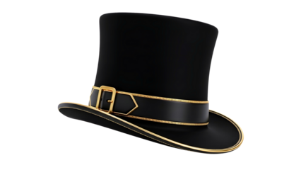 Classic black top hat with gold trim isolated on transparent background