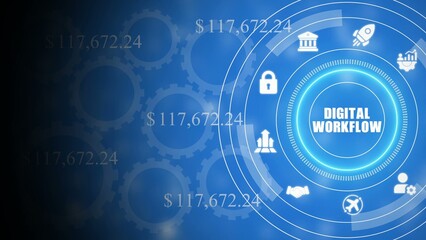Obraz premium Digital workflow concept with blue background and white gears dollar amounts
