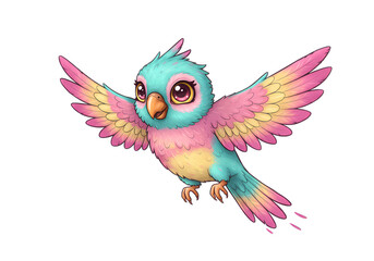 Adorable cartoon parrot flies with vibrant wings