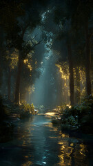 Obraz premium enchanted bioluminescent forest at night with glowing lights reflecting in a mystical river stream