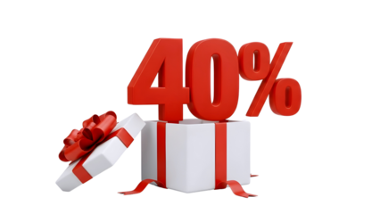 Large red 40% sale symbol with gift box isolated on transparent background