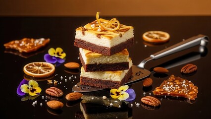Fototapeta premium Stack of three layered chocolate and cream dessert bars garnished with candied orange peel, surrounded by pecans, candied fruit slices, and edible pansy flowers on a dark reflective surface