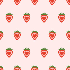 Sweet Heart Strawberry Seamless Pattern - Cute Pink Berry Vector Background