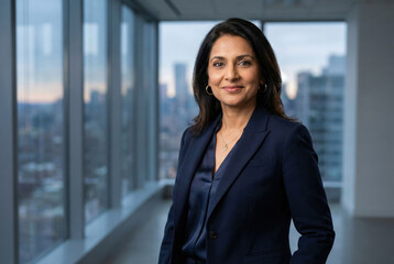 Successful mature South Asian businesswoman in blue professional suit standing in modern high-rise office with city skyline view during dusk