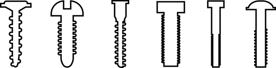 Self Tapping Screw Black Line Style Vector Icon Set, Fastener Hardware Symbol Collection and Construction Outline Graphic Group Featuring Screw, Bolt and Fixing Equipment