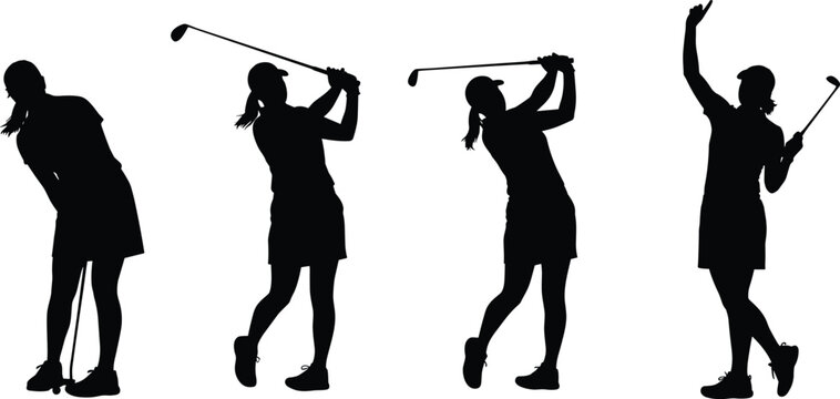 Vector set of female golfer silhouettes capturing various stages of a golf swing from address to follow through