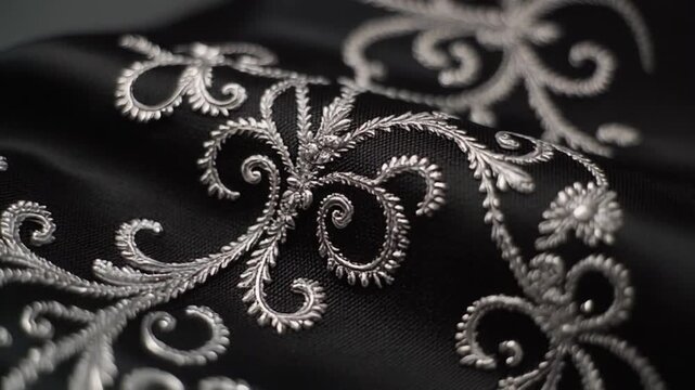 Close-up of intricate silver embroidery on black fabric, showcasing detailed floral patterns in a dark room