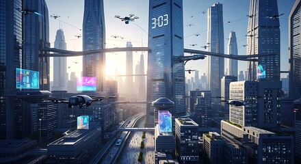 Advanced metropolitan cityscape showcases integrated aerial transport and digital displays during bright sunrise