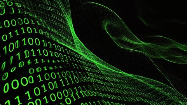 Green binary code matrix streaming through dark background, representing data flow and cyber technology