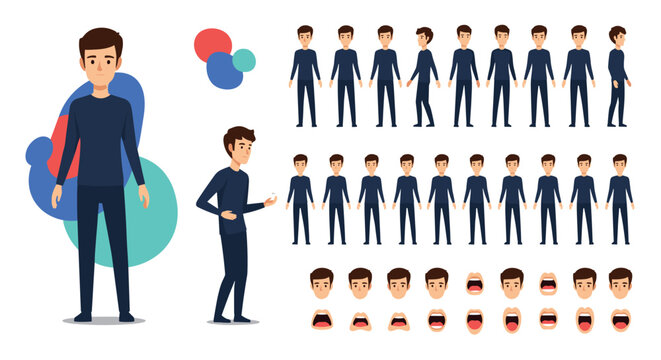 Comprehensive male character design kit including full body poses various facial expressions and different mouth positions.